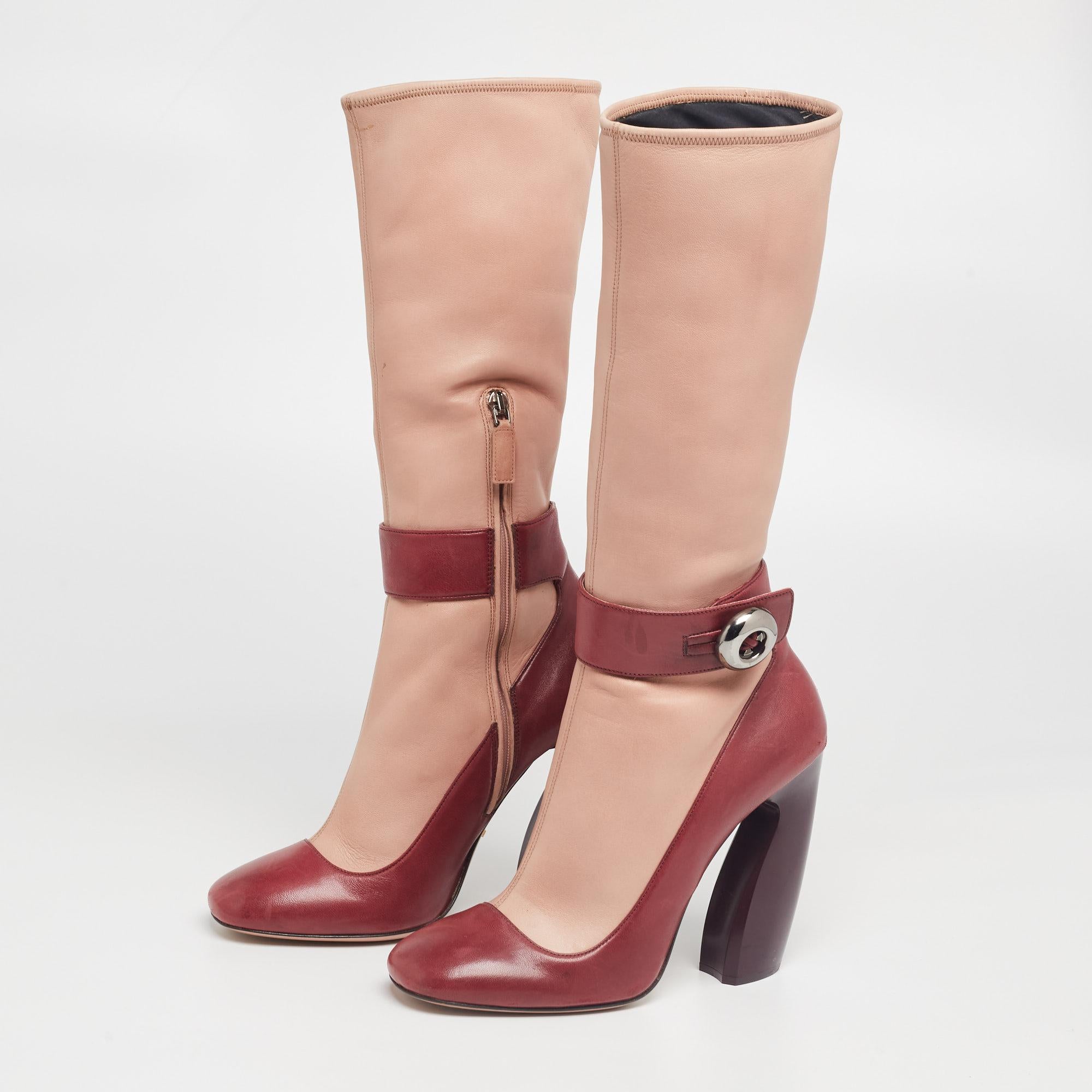 Prada Beige/Burgundy Leather Mid Calf Length Boots Size 39 1
