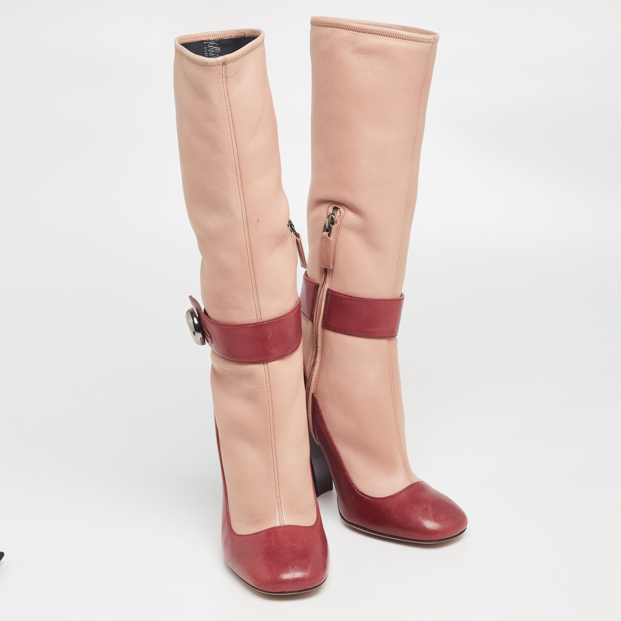 Prada Beige/Burgundy Leather Mid Calf Length Boots Size 39 4
