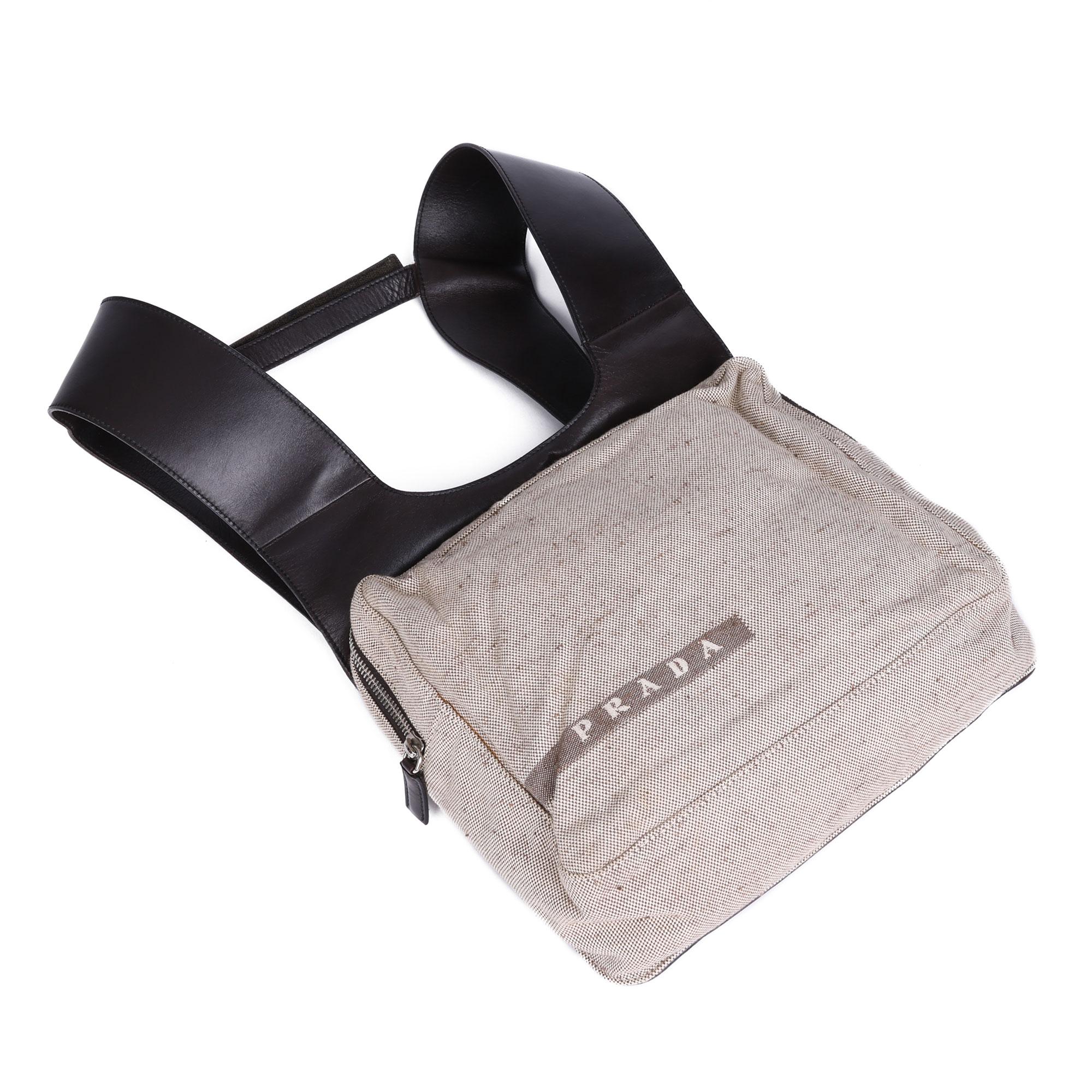 Prada Beige Canvas & Braunes Leder Vintage Chest Rig Rucksack (Grau)