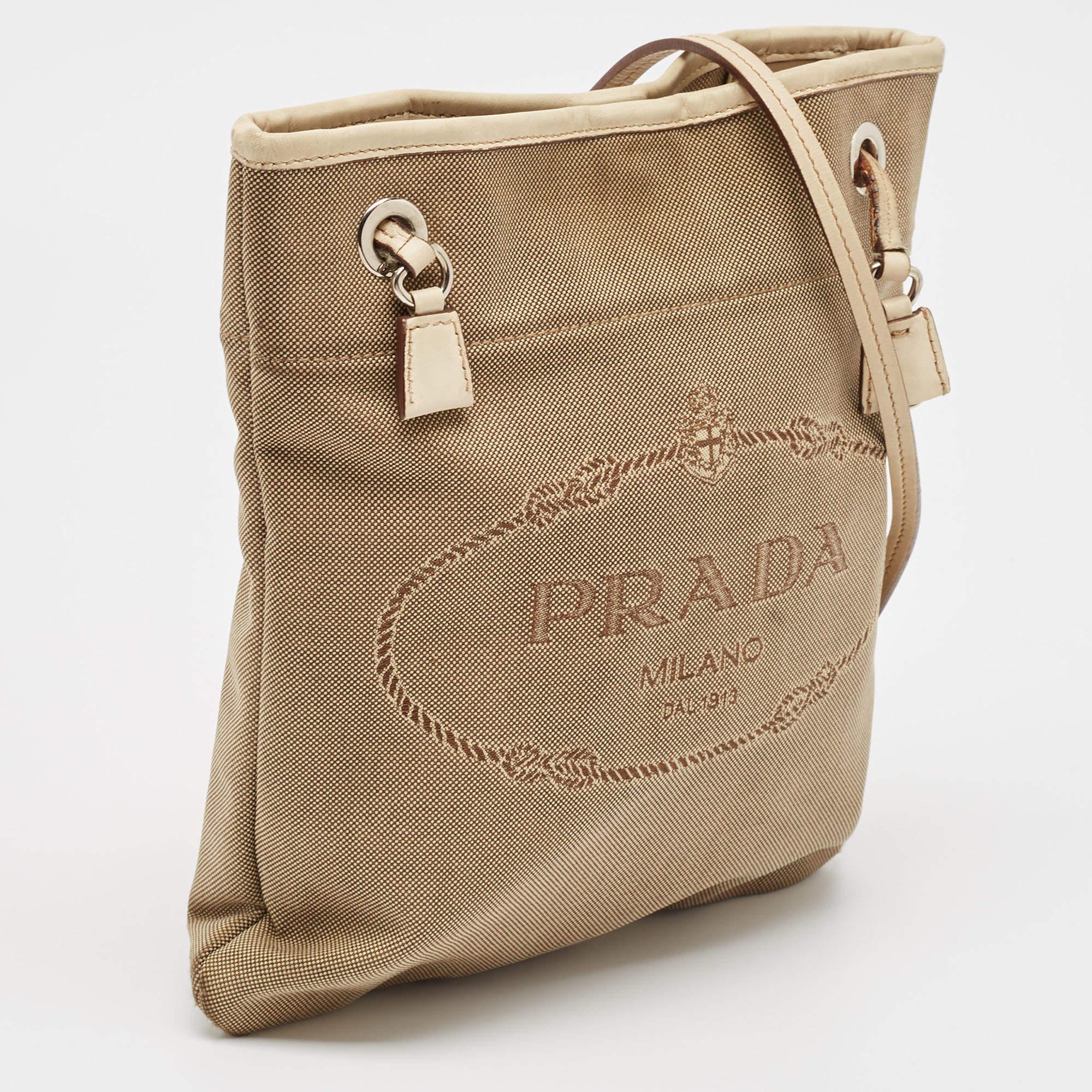 Prada Beige Canvas Jacquard Logo Crossbody Bag In Good Condition In Dubai, Al Qouz 2