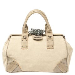 Prada Beige Canvas Mistolino Cluster Crystal Embellished Frame Bag