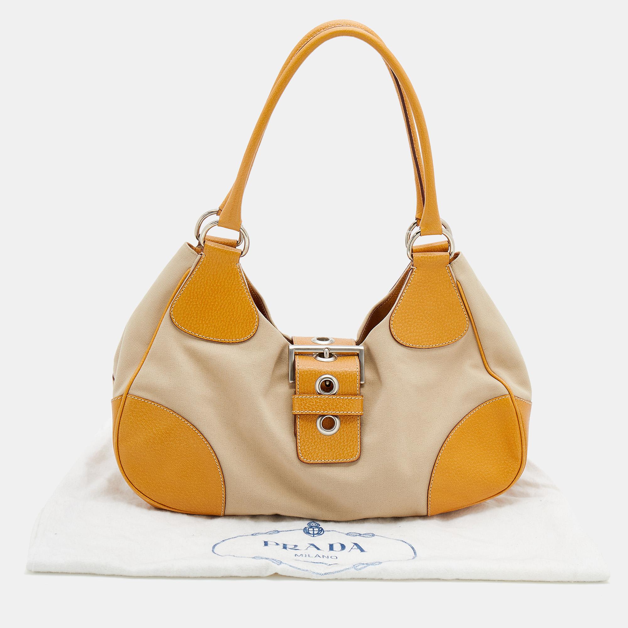 Prada Beige/Caramel Brown Canvas And Leather Shoulder Bag 7