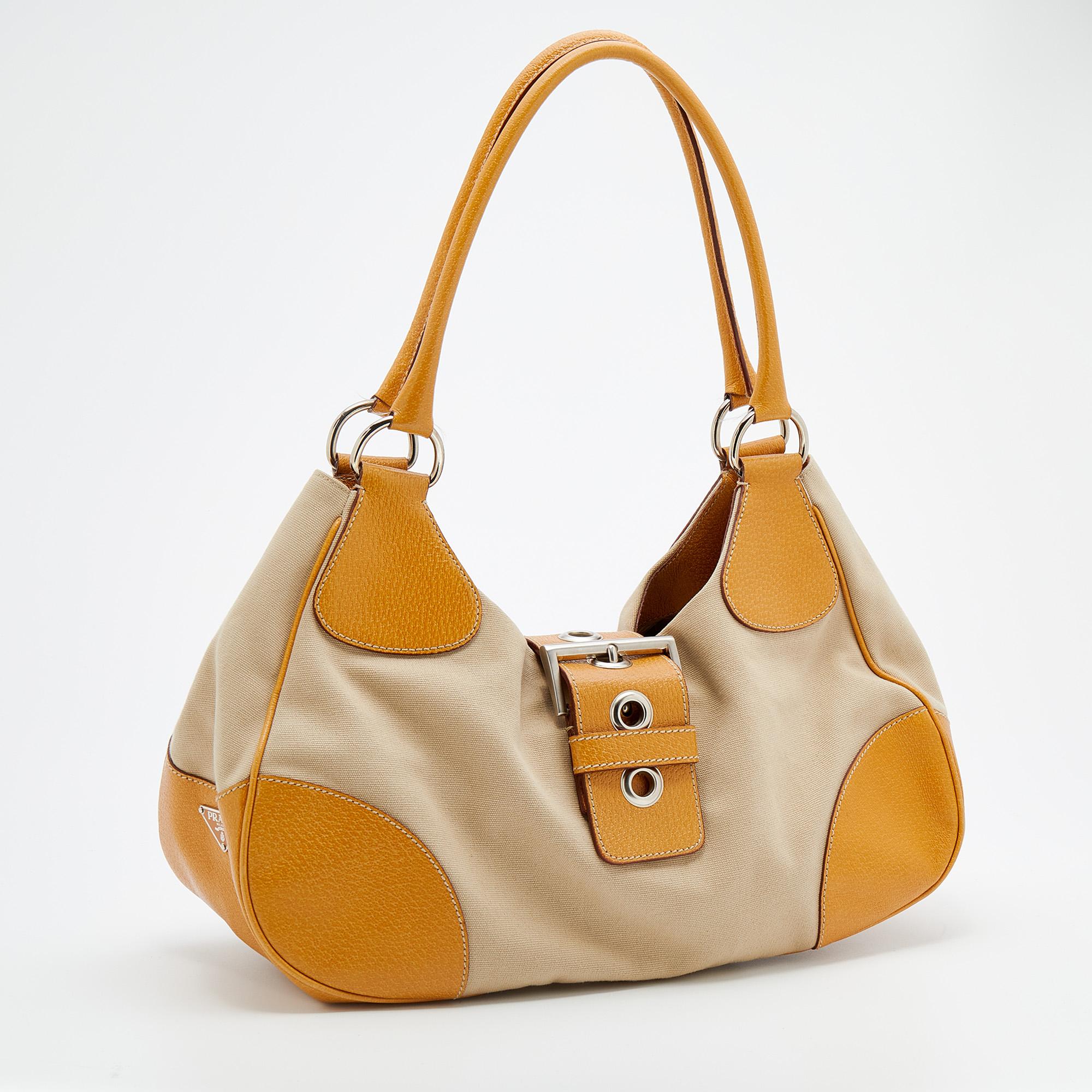 Women's Prada Beige/Caramel Brown Canvas And Leather Shoulder Bag