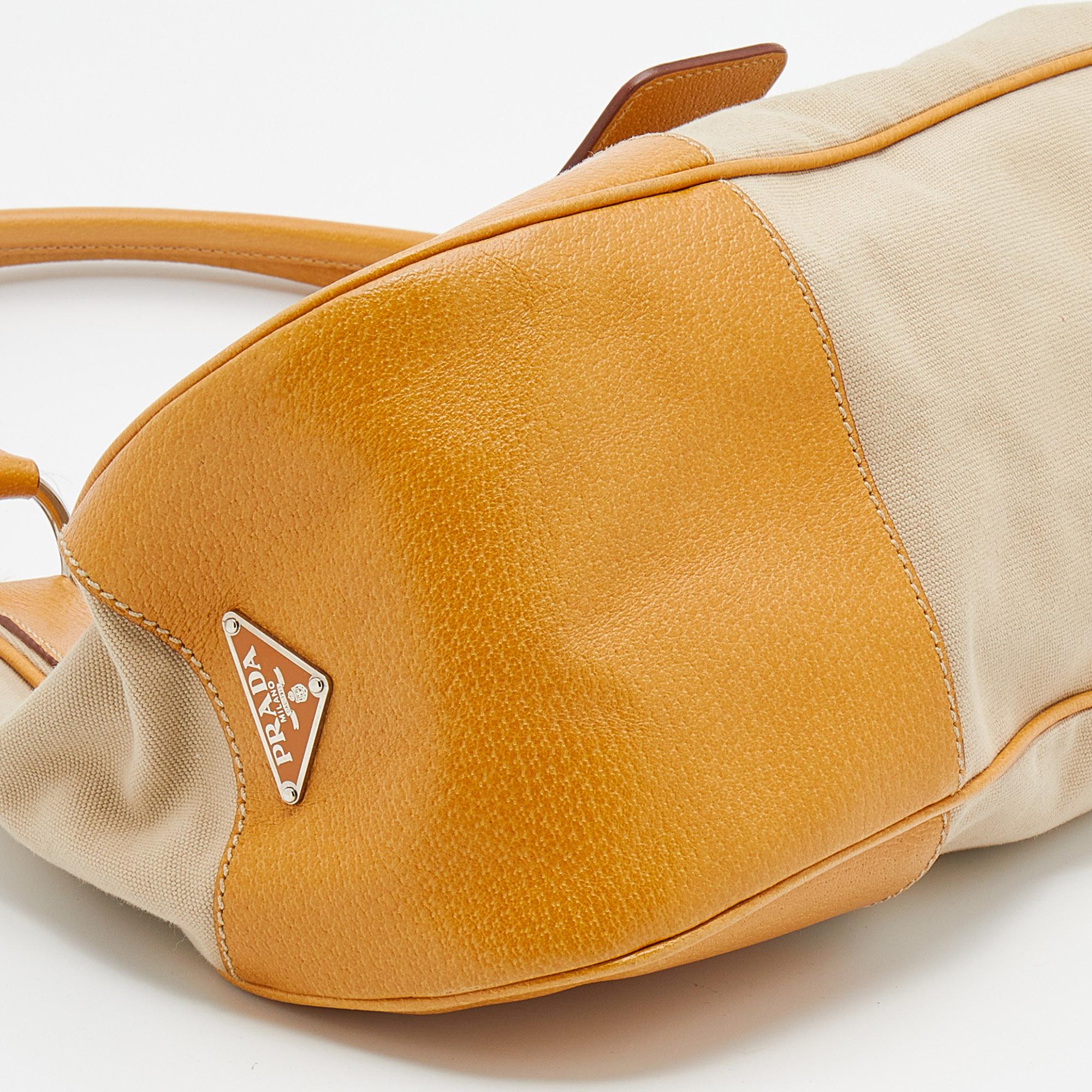Prada Beige/Caramel Brown Canvas And Leather Shoulder Bag 1