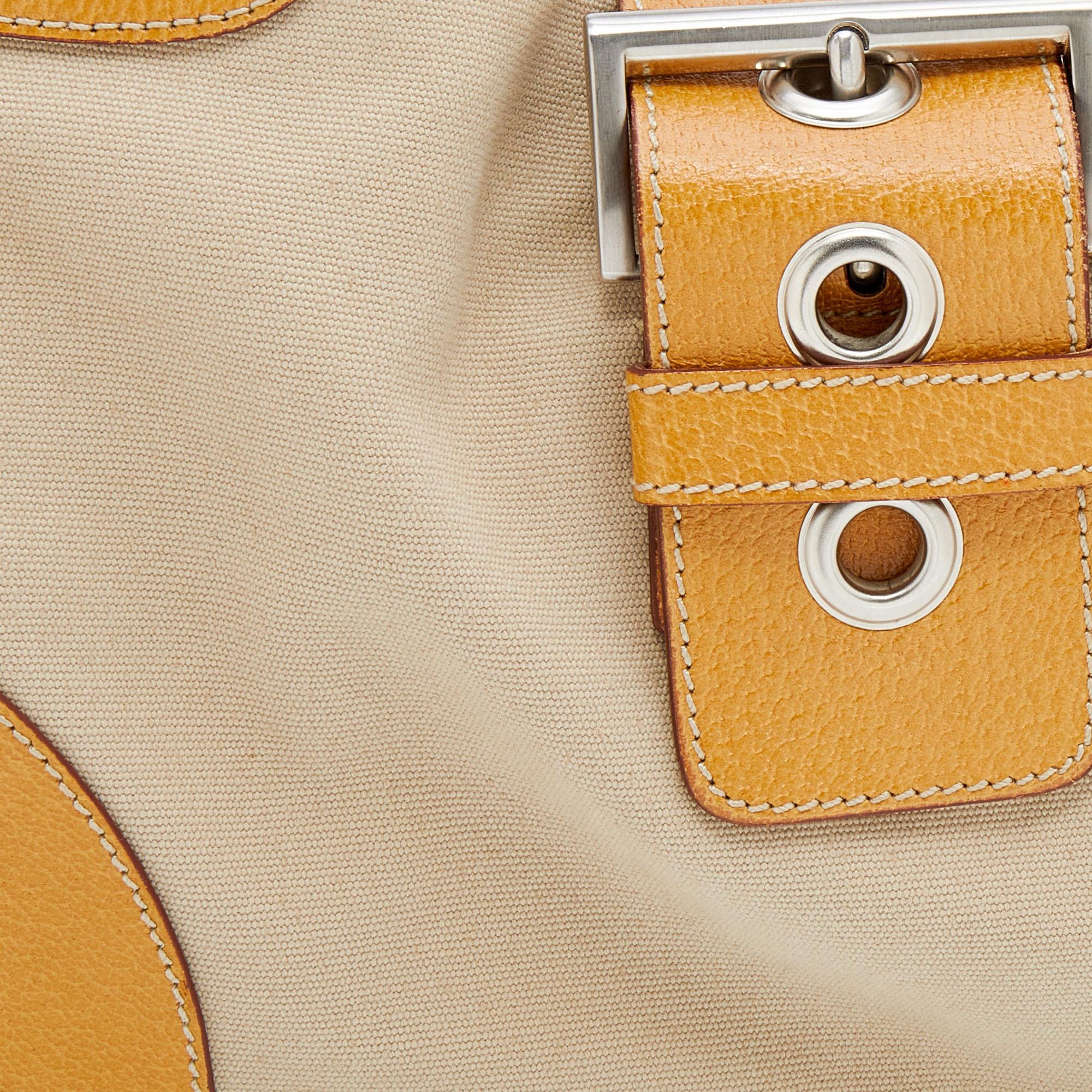 Prada Beige/Caramel Brown Canvas And Leather Shoulder Bag 3