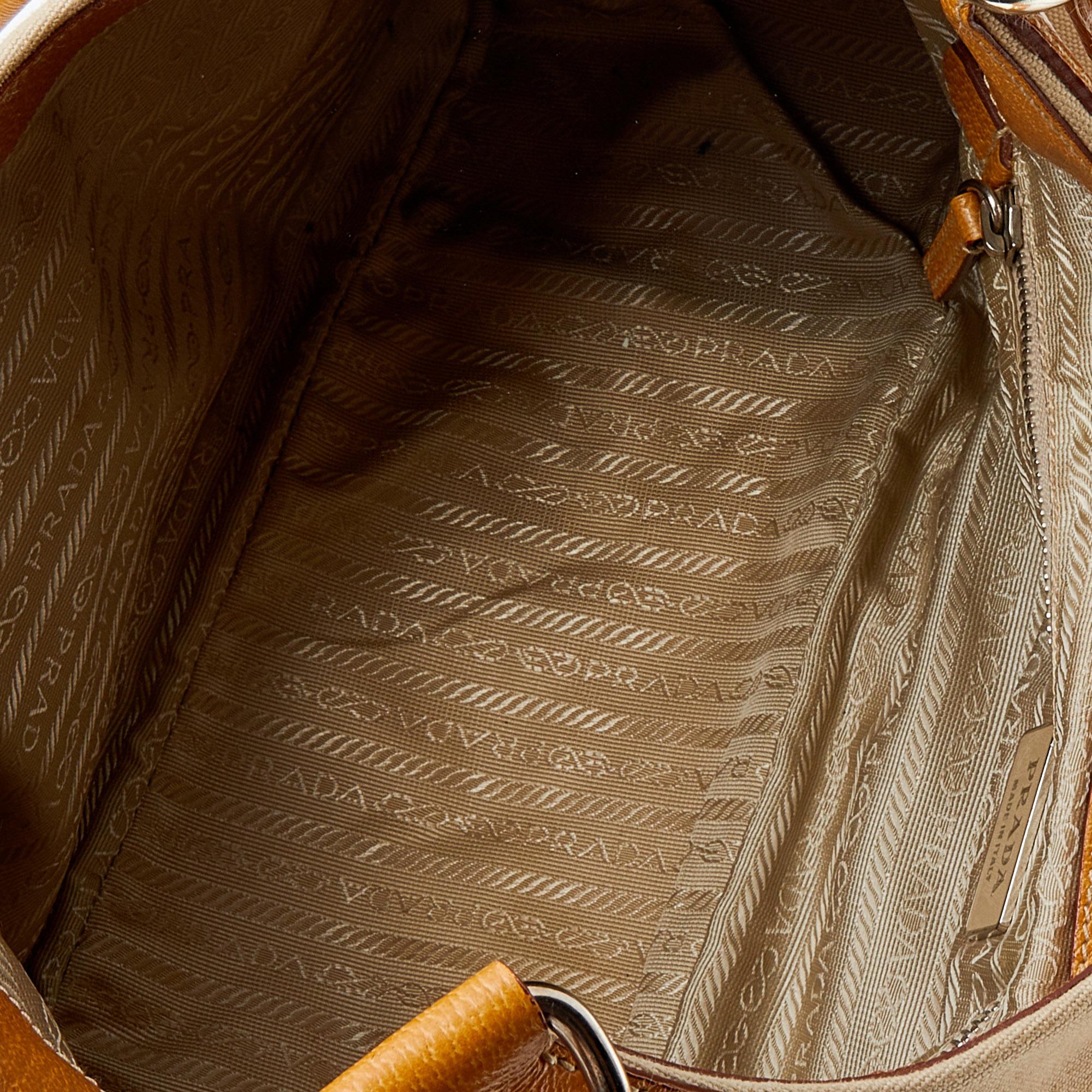 Prada Beige/Caramel Brown Canvas And Leather Shoulder Bag 4