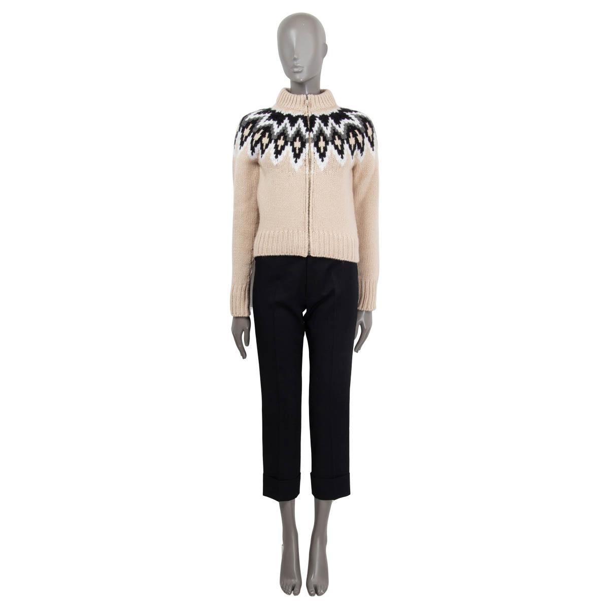 100% authentic Prada Fire Isle cardigan in beige cashmere (85%) and wool. (15) with details in black, grey and white. Features a mock neck and a silver-tone zipper. Has been worn and is in virtually new condition.

Measurements
Tag