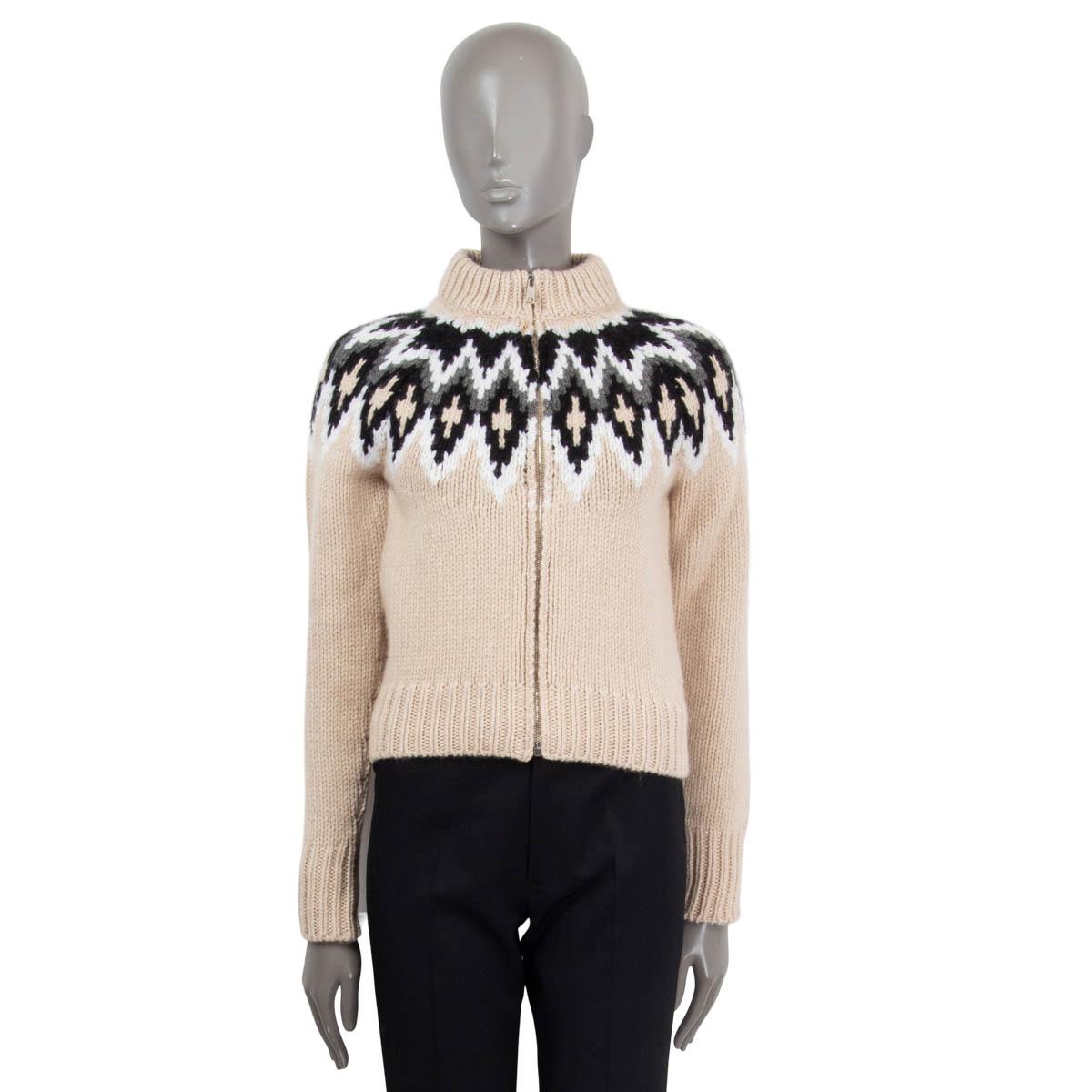 PRADA beige cashmere & wool FAIR ISLE ZIP FRONT Cardigan Sweater 38 XS For Sale