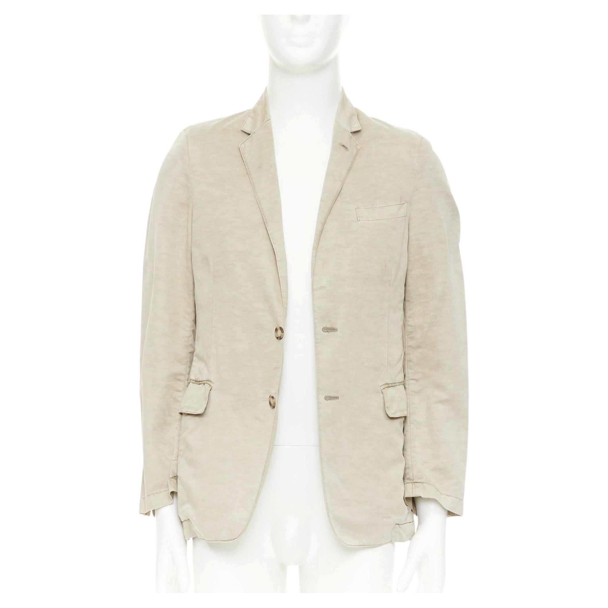 PRADA beige coated linen cotton flap pockets two button relaxed blazer IT48 M