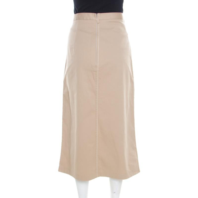 Prada Beige Cotton Contrast Top Stitch Detail Midi Skirt L In Good Condition In Dubai, Al Qouz 2