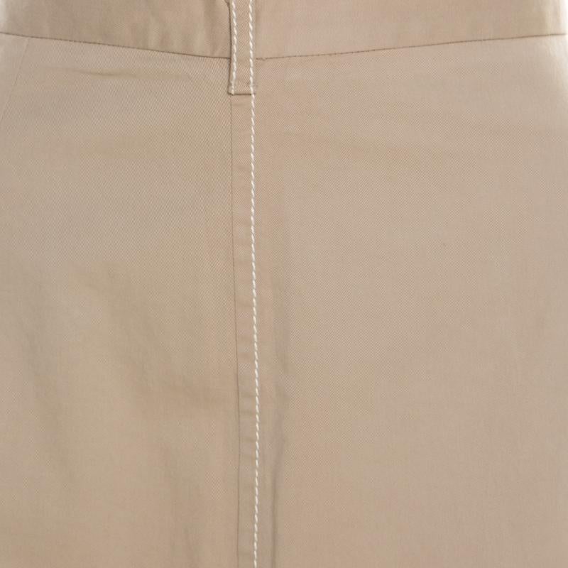 Women's Prada Beige Cotton Contrast Top Stitch Detail Midi Skirt L