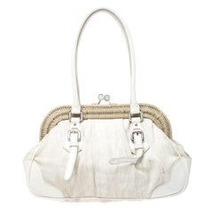 Prada Beige/Cream Canvas and Leather Kiss Lock Satchel