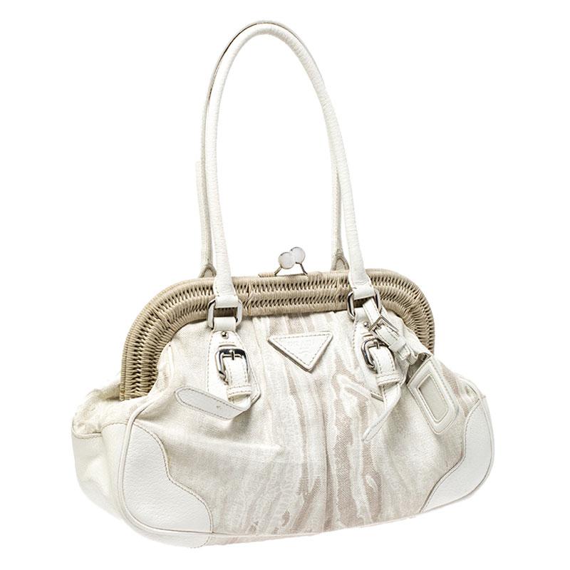 Women's Prada Beige/Cream Canvas and Leather Kiss Lock Satchel