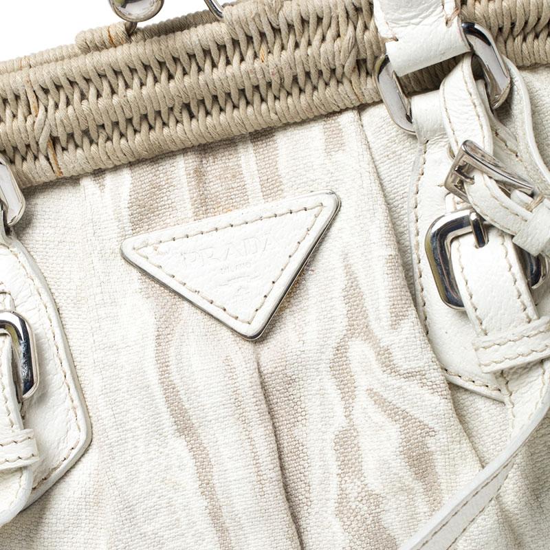 Prada Beige/Cream Canvas and Leather Kiss Lock Satchel 2