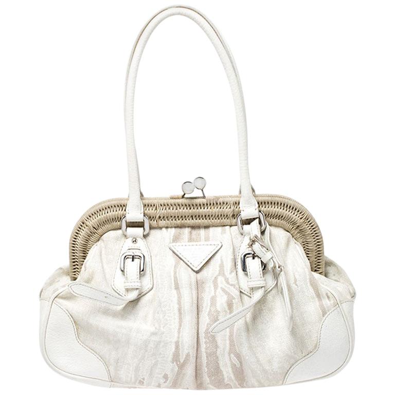 Prada Beige/Cream Canvas and Leather Kiss Lock Satchel For Sale at 1stDibs