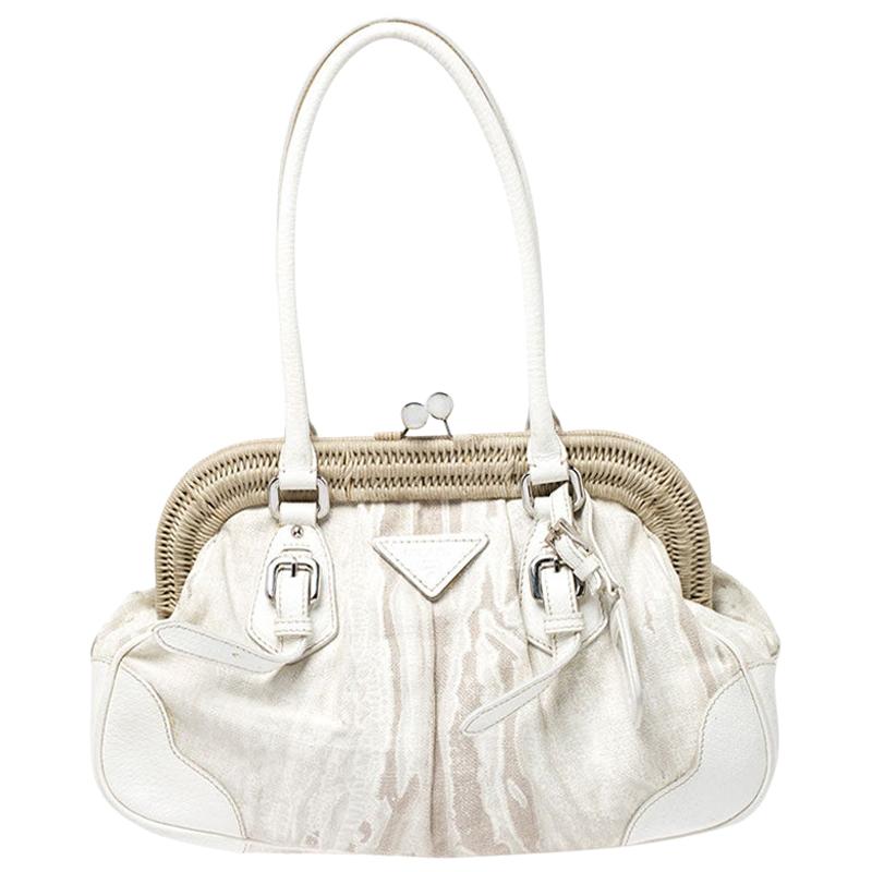 Prada Beige/Cream Canvas and Leather Kiss Lock Satchel