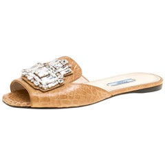 Prada Beige Croc Embossed Leather Crystal Embellished Flat Slides Size 38