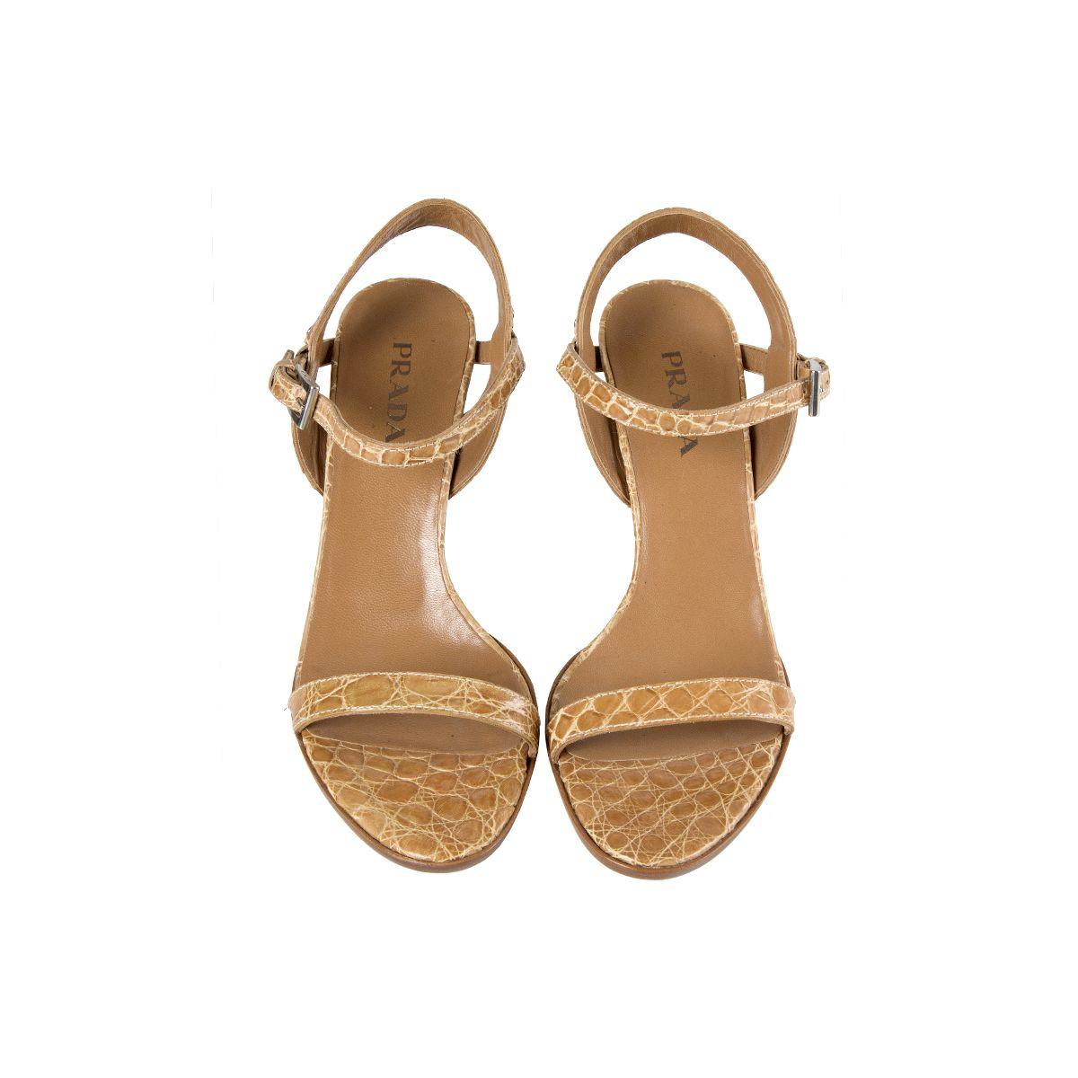 100% authentic Prada sandals in beige crocodile leather. Brand new.

Measurements
Imprinted Size	39
Shoe Size	39
Inside Sole	26cm (10.1in)
Width	8cm (3.1in)
Heel	11cm (4.3in)
Hardware	Silver-Tone

All our listings include only the listed item unless