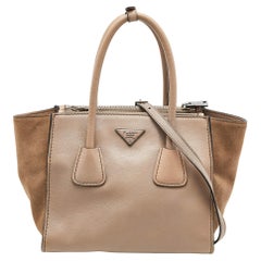 Prada Beige Glace Leather and Suede Twin Pocket Double Handle Tote
