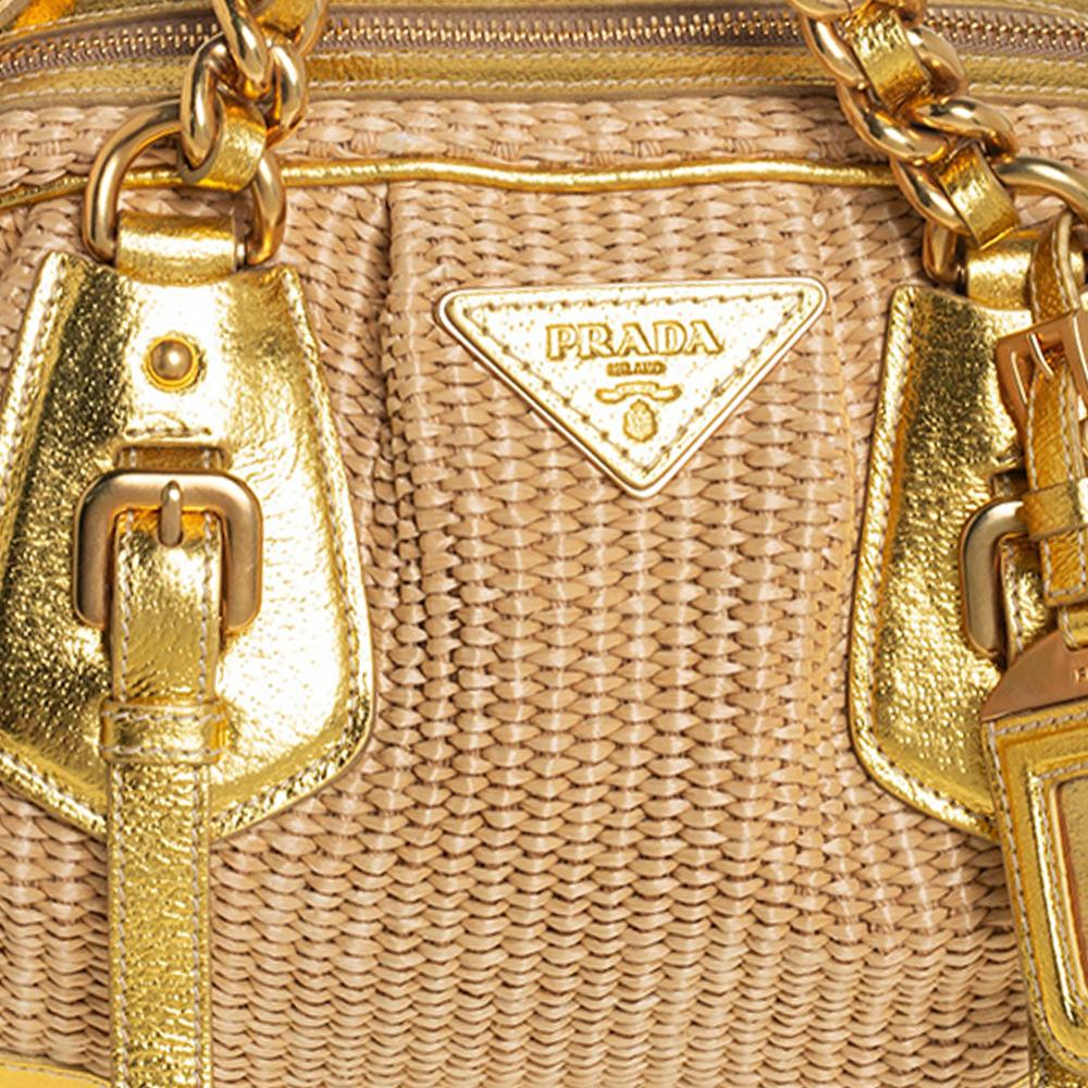 Prada Beige/Gold Leather and Straw Dome Satchel 4