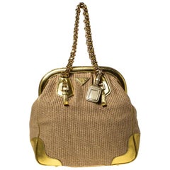 Prada Beige/Gold gewebter Raffia und Lederrahmen Satchel