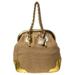 Prada Beige/Gold Woven Raffia and Leather Frame Satchel