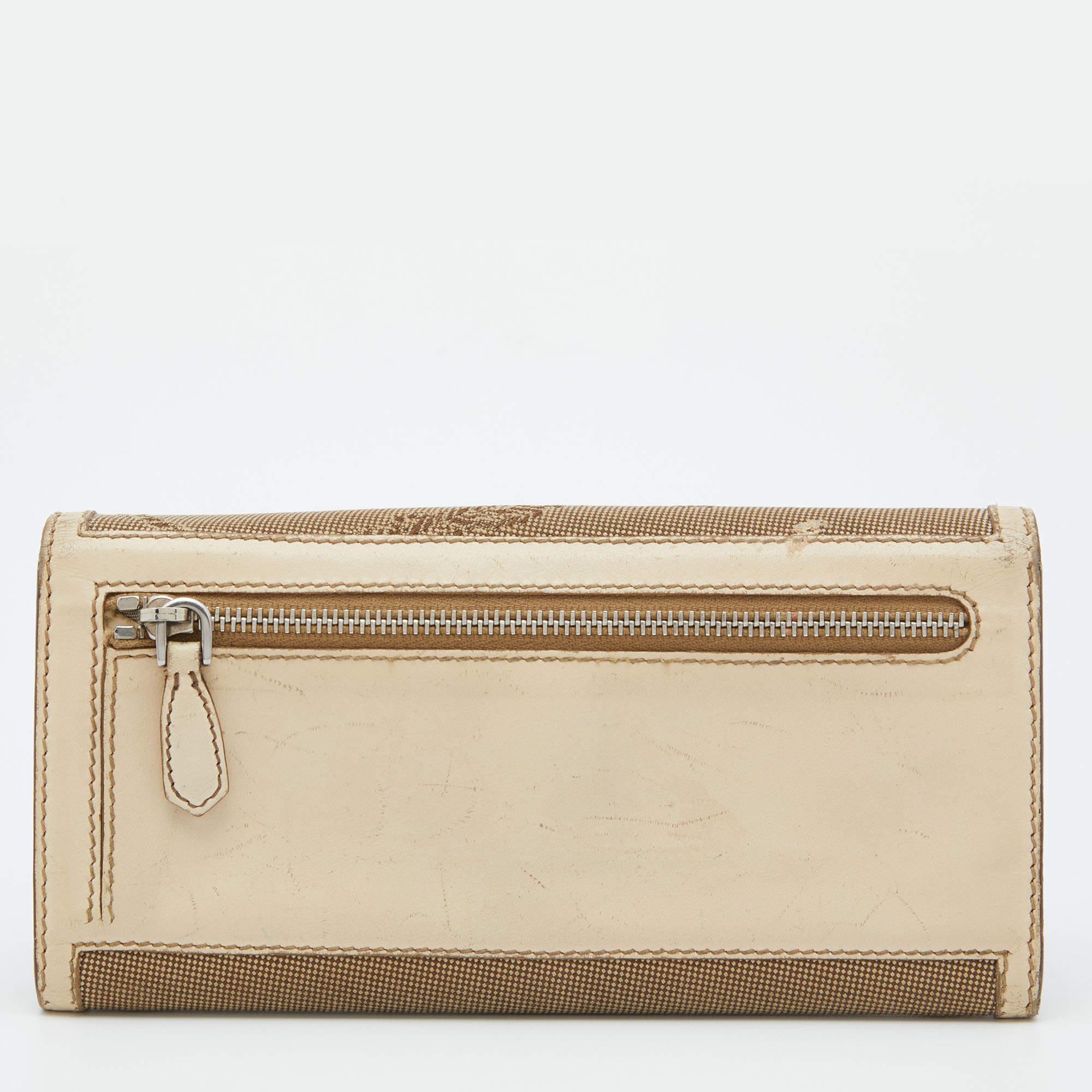 Women's Prada Beige Jacquard Logo Canvas and Leather Flap Continental Wallet