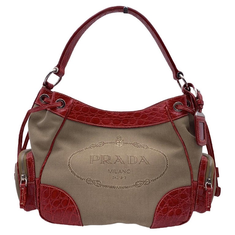 Prada Beige Jacquard Logo Canvas and Red Leather Tote Bag BR3433 For Sale  at 1stDibs