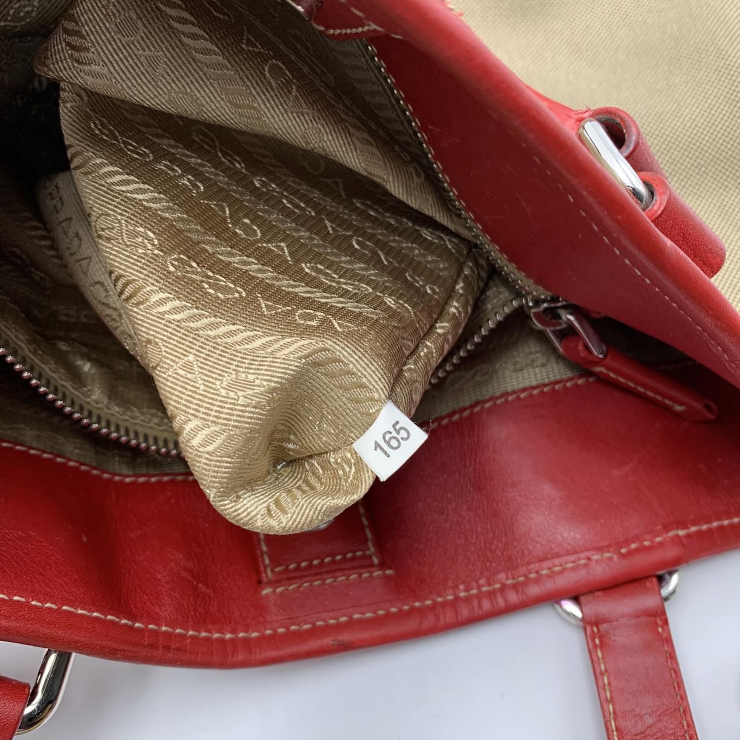 Prada Beige Jacquard Logo Canvas and Red Leather Tote Bag 5
