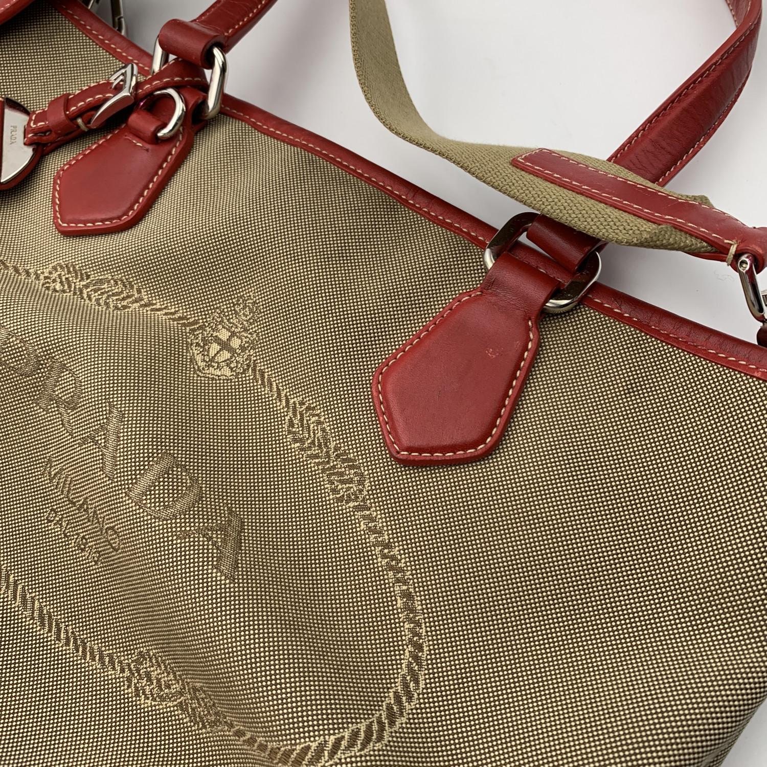 Brown Prada Beige Jacquard Logo Canvas and Red Leather Tote Bag