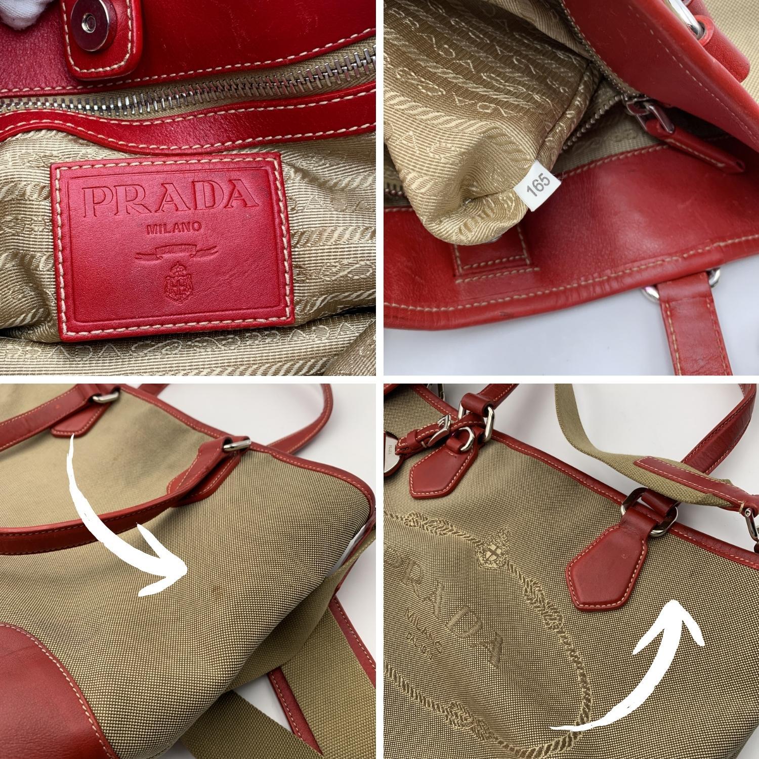 Prada Beige Jacquard Logo Canvas and Red Leather Tote Bag 1