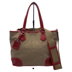 Prada Beige Jacquard Logo Canvas and Red Leather Tote Bag