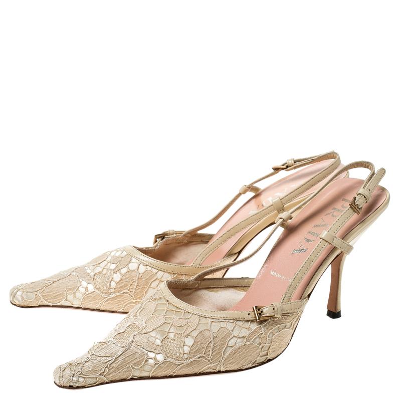 Women's Prada Beige Lace/Satin Slingback Pointed Toe Sandals Size 36.5 For Sale