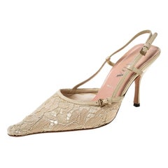 Used Prada Beige Lace/Satin Slingback Pointed Toe Sandals Size 36.5