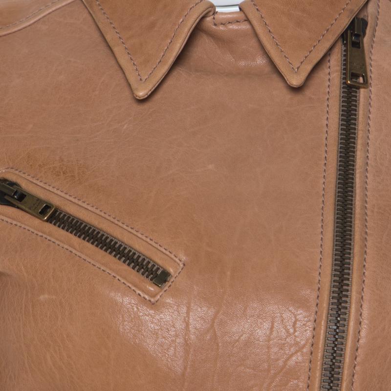 Prada Beige Lamb Leather Zip Front Biker Jacket S 4