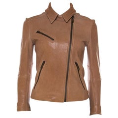 Prada Beige Lamb Leather Zip Front Biker Jacket S