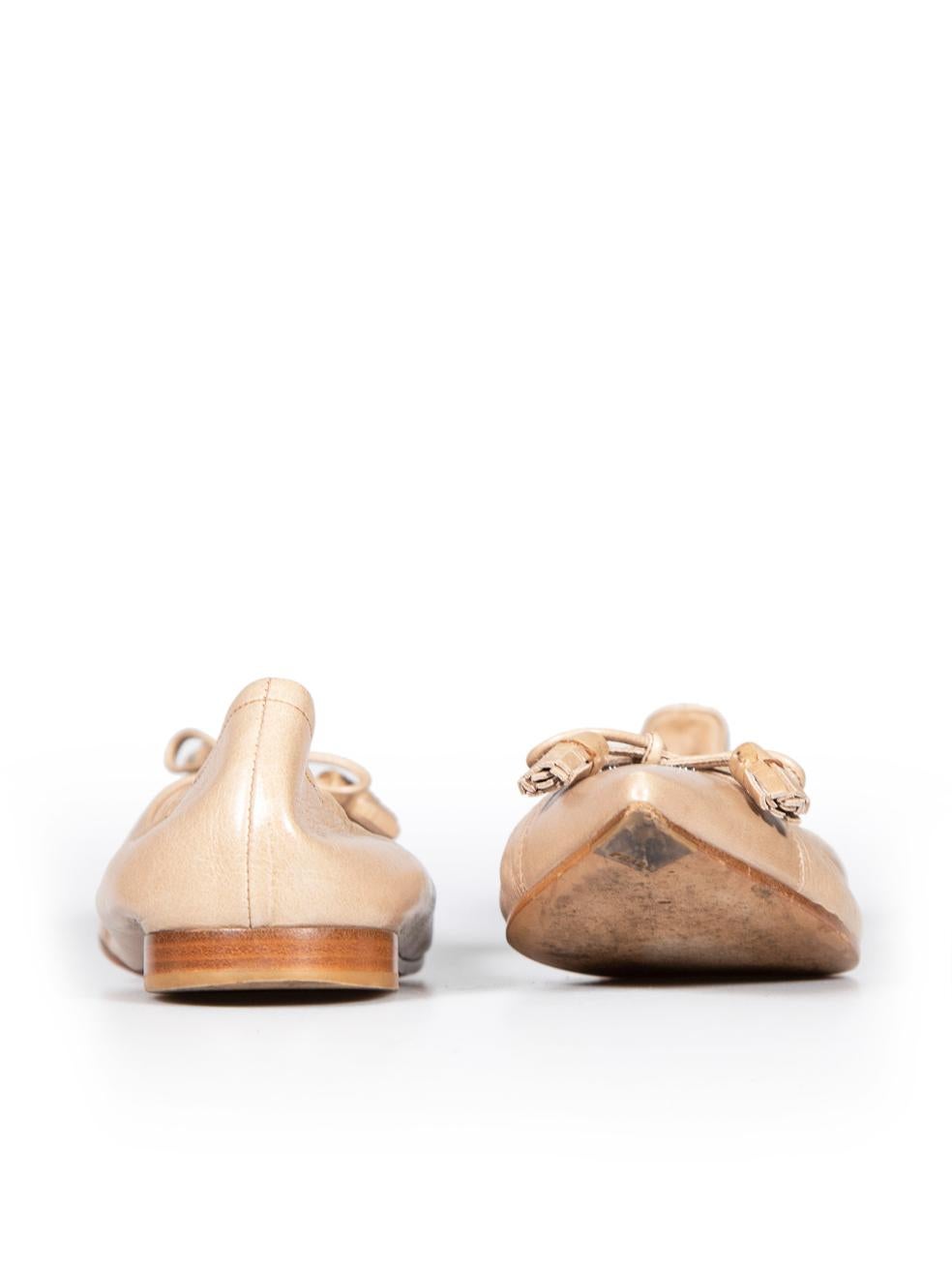Prada Beige Leather Bow Detail Flats Size IT 37.5 In Good Condition For Sale In London, GB