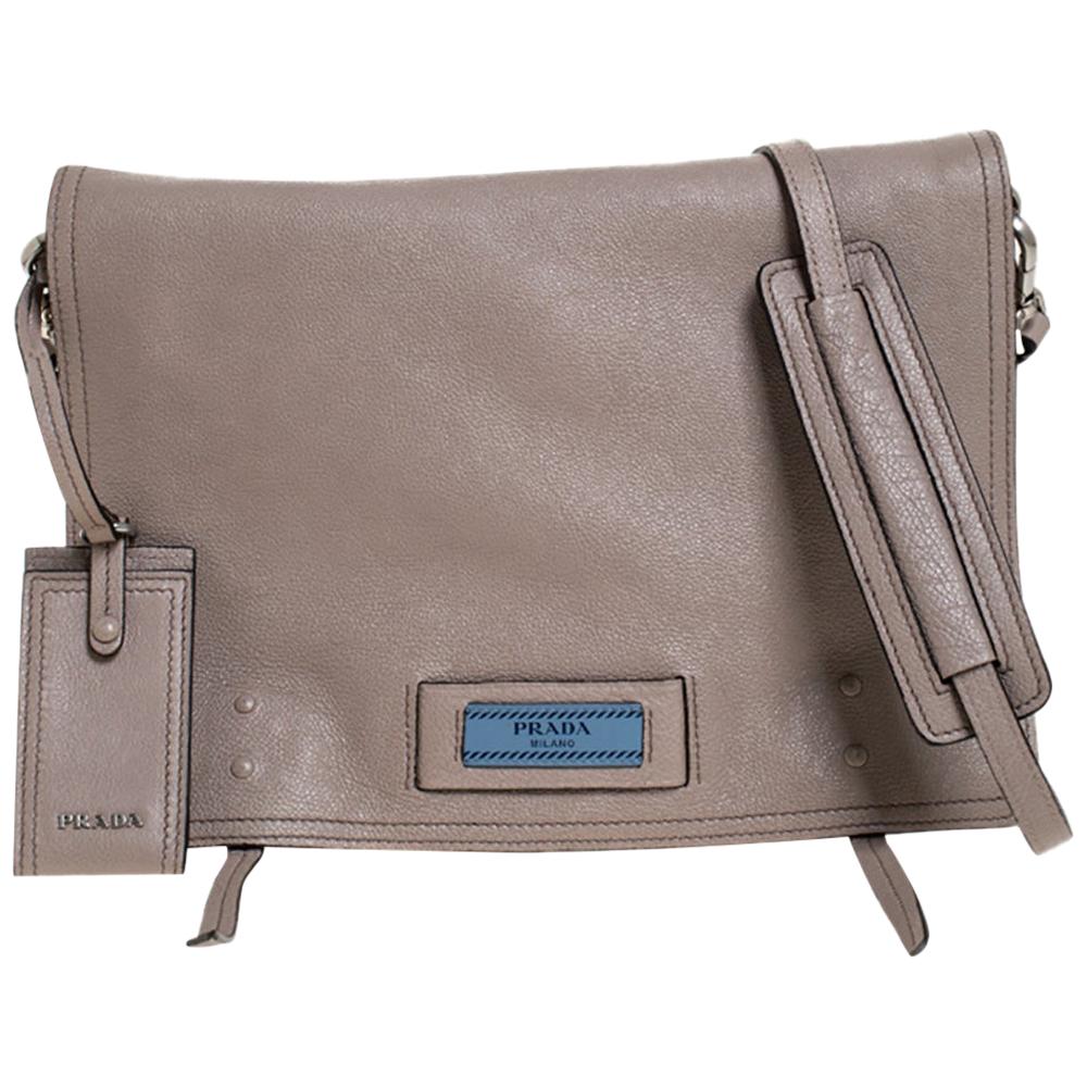 Prada Beige Leather Etiquette Flap Messenger Bag For Sale at 1stDibs