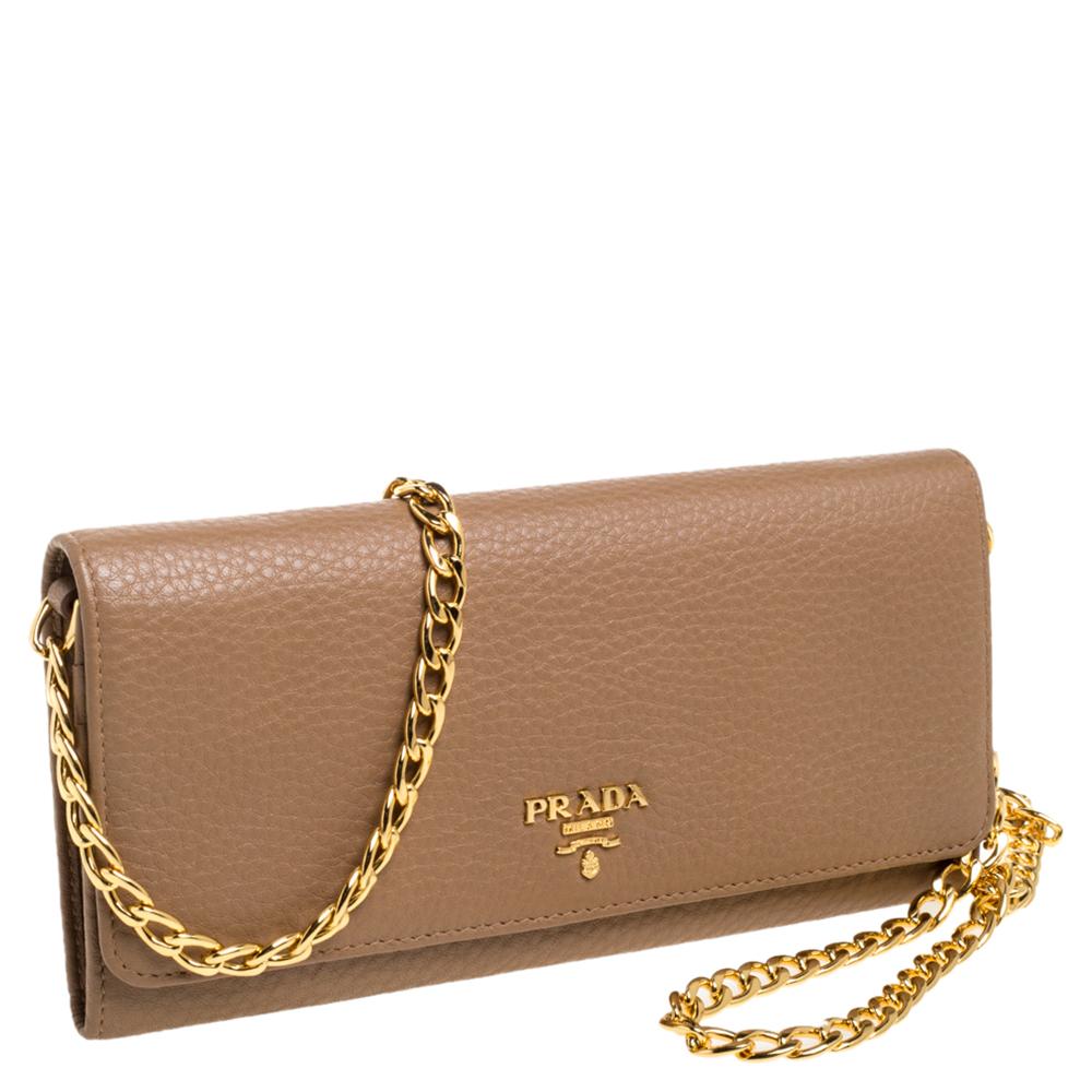 Women's Prada Beige Leather Flap Wallet On Chain