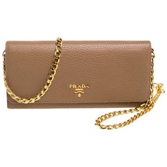 Prada Beige Leather Flap Wallet On Chain