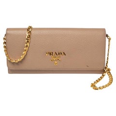 Prada Beige Leather Flap Wallet On Chain