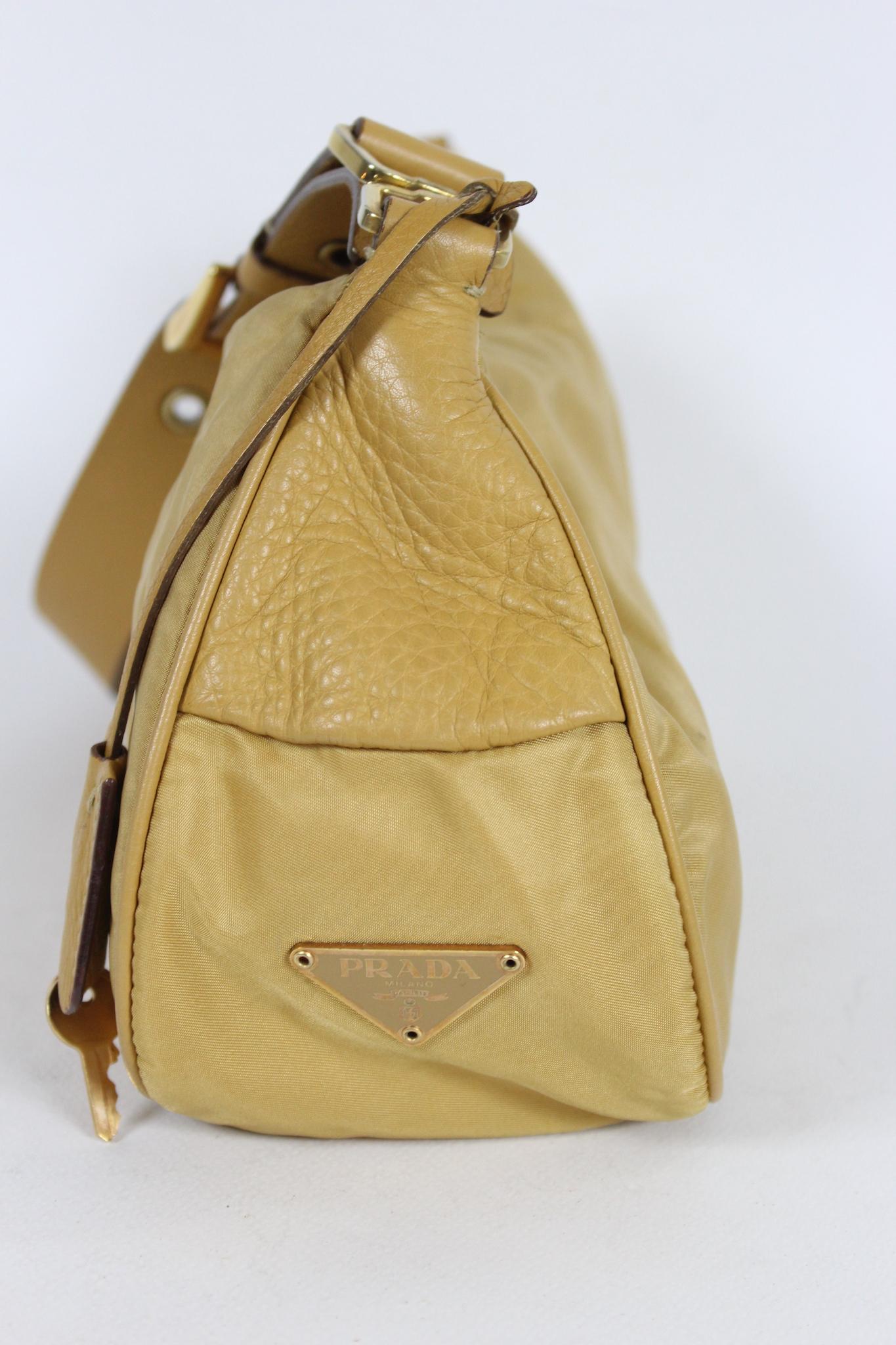 Prada Beige Leather Nylon Hobo Shoulder Bag 2001 2