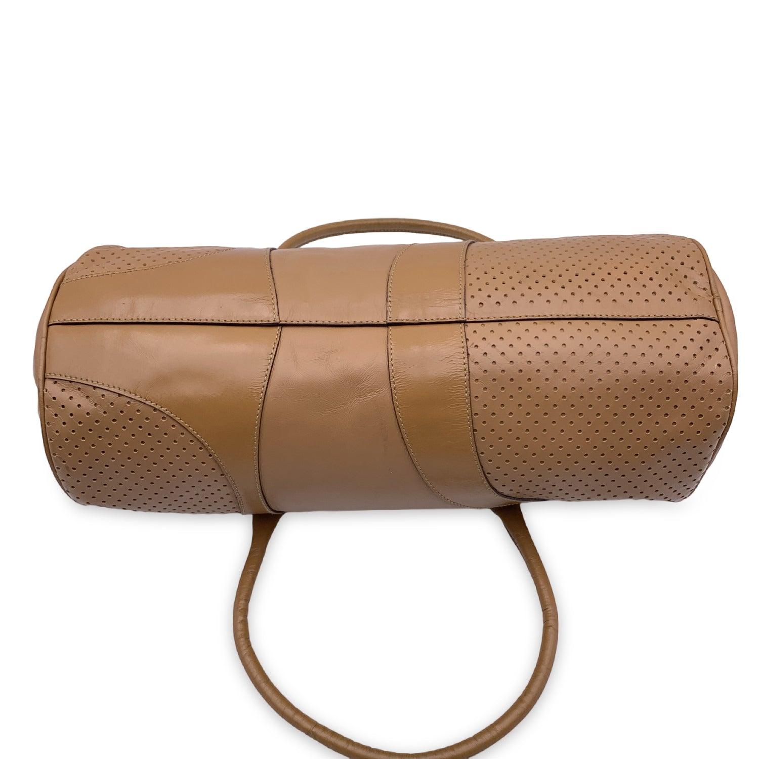 Women's Prada Beige Leather Perforated Bowling Barrel Bag Handbag