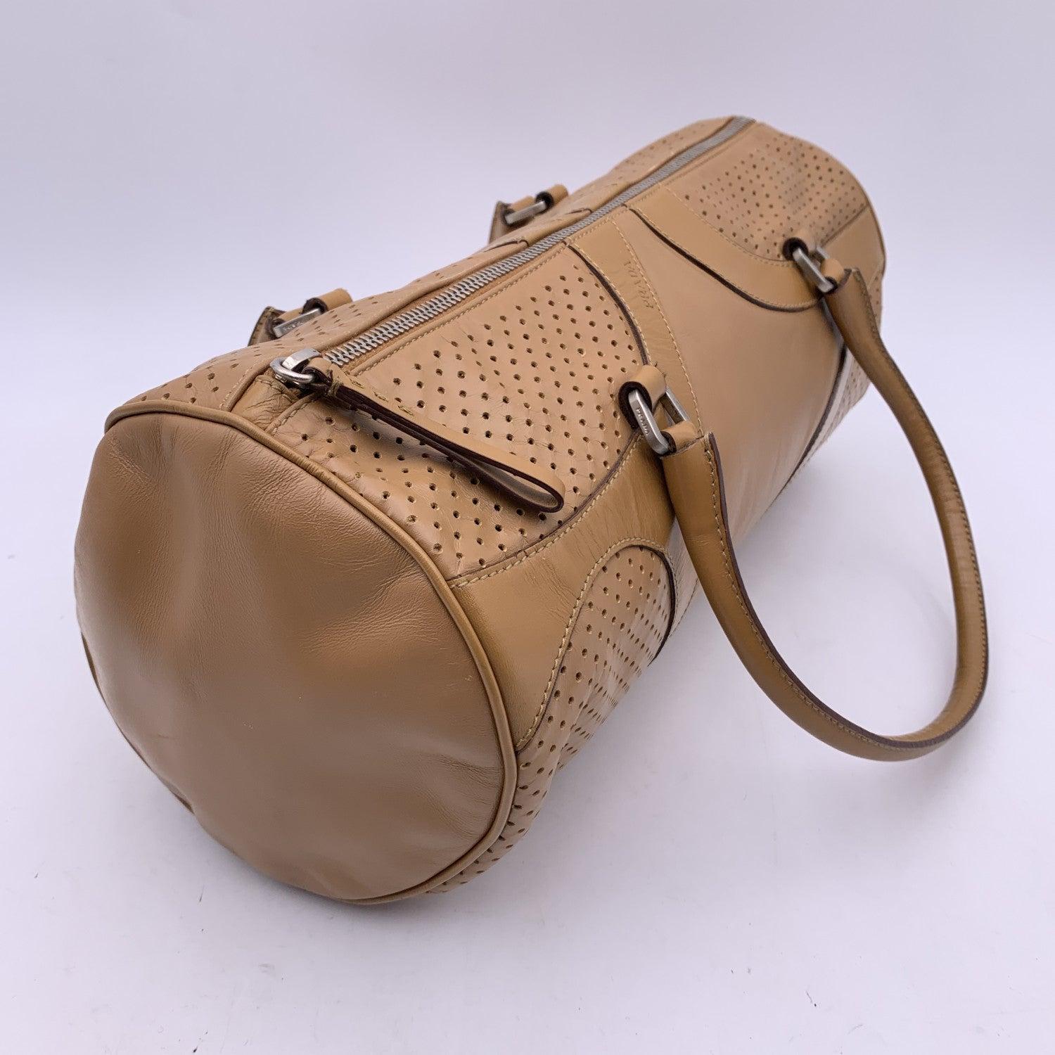 Prada Beige Leather Perforated Bowling Barrel Bag Handbag 4