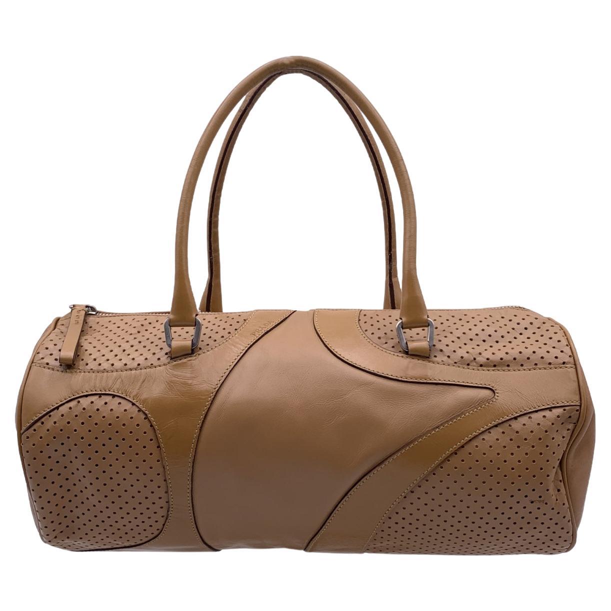 Prada Beige Leather Perforated Bowling Barrel Bag Handbag