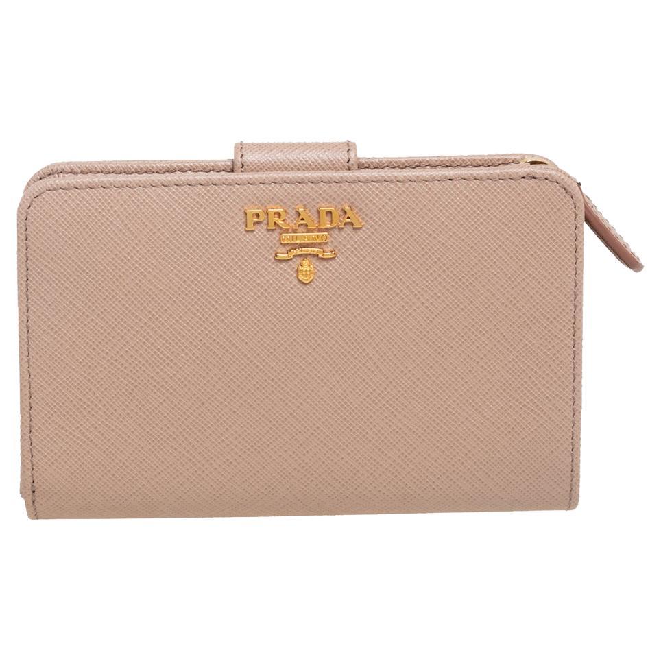 Prada Beige Saffiano Lux Leather Metal Bar Flap Continental Wallet at ...