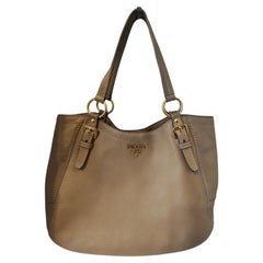 Prada Vintage Beige Leather Shoulder Bag with Gold Hardware, Unisex