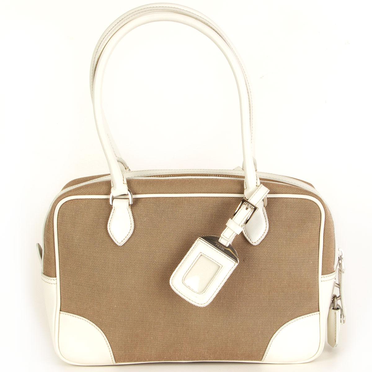 PRADA beige LOGO Canvas & weißes Leder BAULETTO Tasche Corda Talco (Beige)