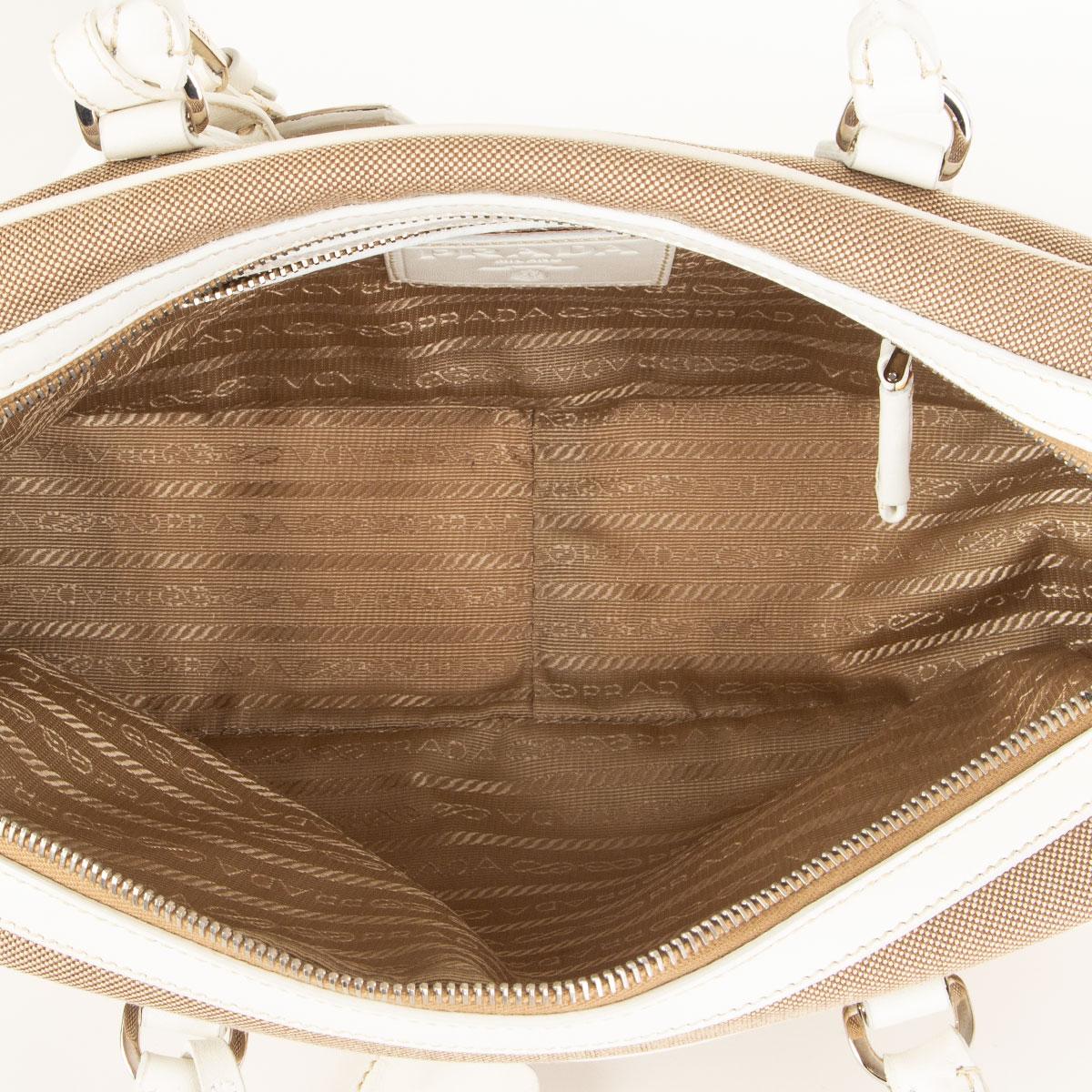 PRADA beige LOGO Canvas & weißes Leder BAULETTO Tasche Corda Talco Damen