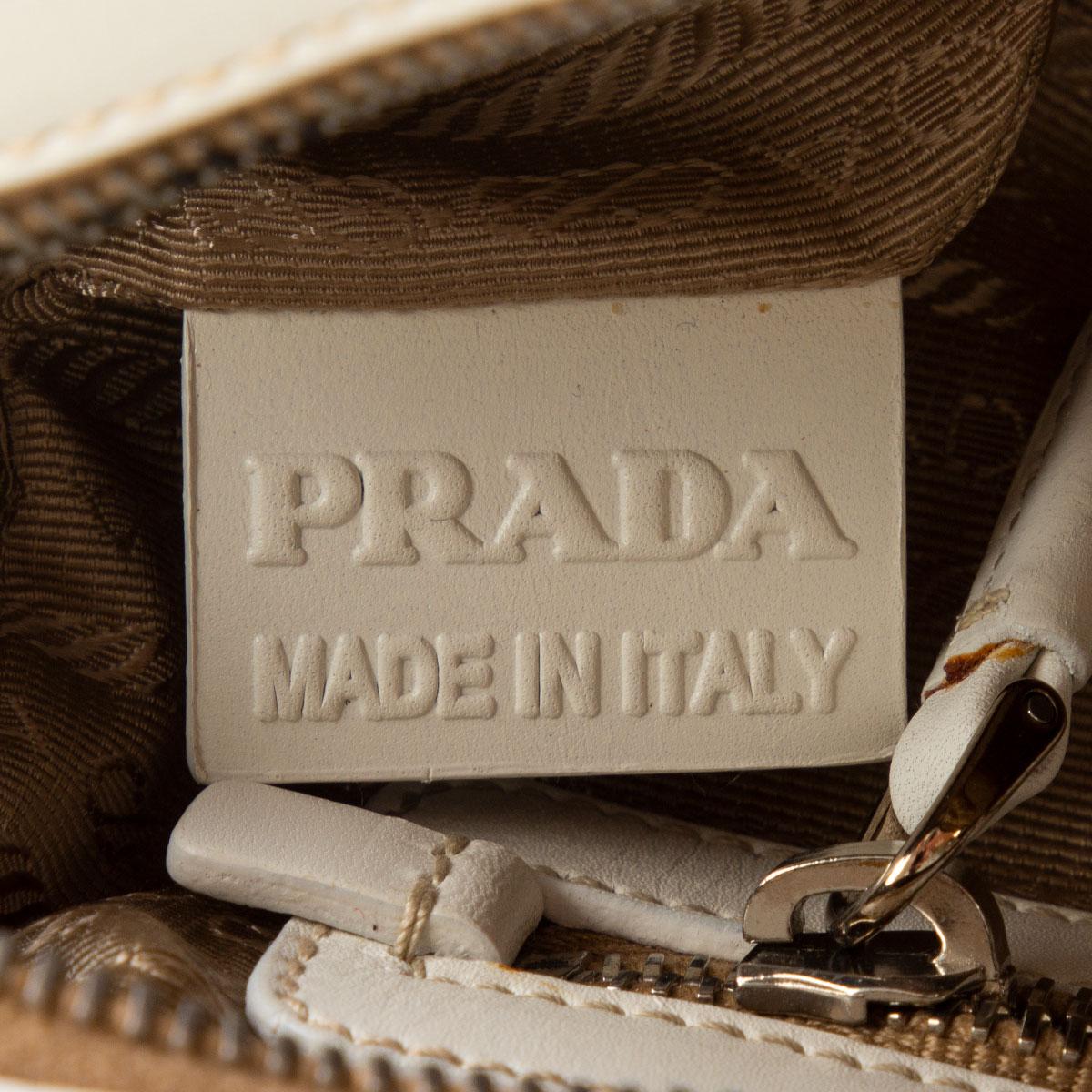 PRADA beige LOGO Canvas & weißes Leder BAULETTO Tasche Corda Talco 1